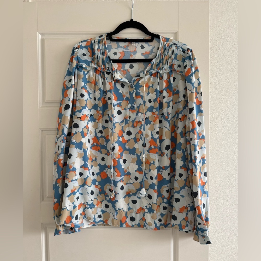 Joie Long Sleeve Floral White, Blue, and Orange Blouse Size Large